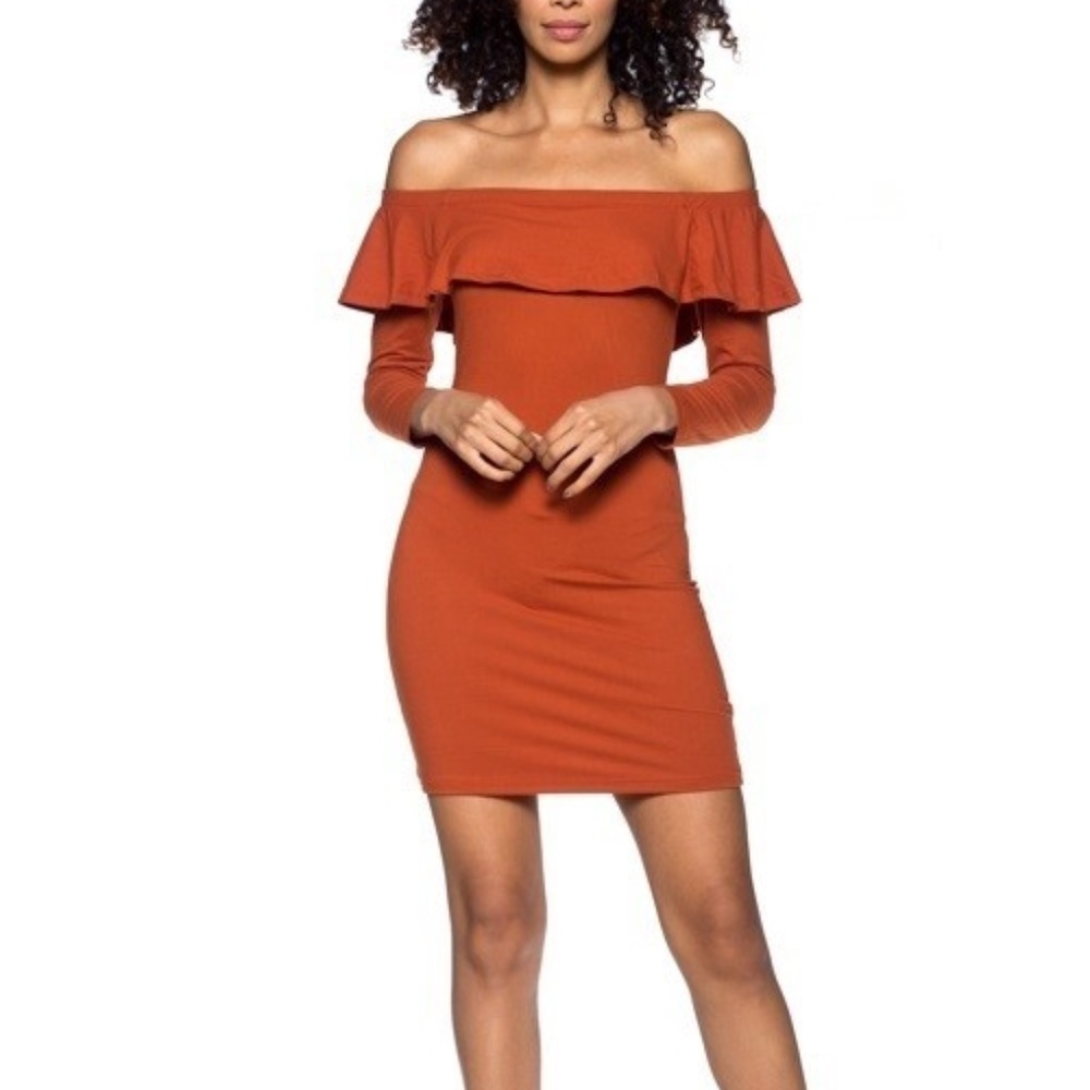 Off Shoulder, Long Sleeve Rust Ruffle Dress